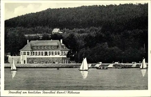 Ak Wamel Möhnesee, Hotel Strandhof Recklingloh, Segelpartie