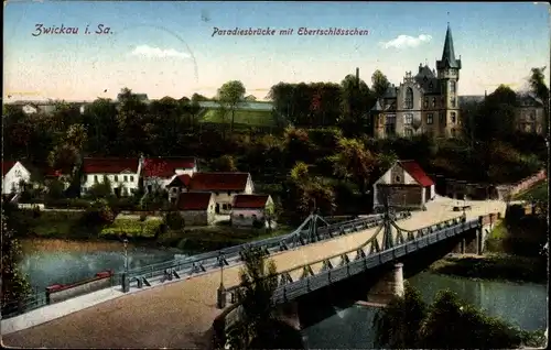 Ak Zwickau in Sachsen, Paradiesbrücke, Ebertschlösschen