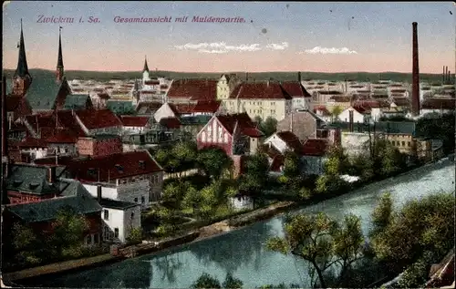 Ak Zwickau in Sachsen, Gesamtansicht, Muldenpartie