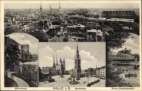 Ak Halle an der Saale, Vogelschau, Marktplatz, Ruine Giebichenstein, Moritzburg