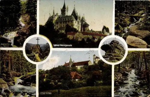 Ak Wernigerode am Harz, Schloss, Kleinen Renne, Ilsefälle, Ilsenstein