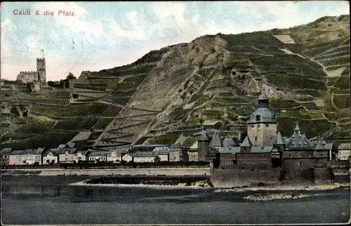 Ak Caub Kaub am Rhein, Burg Pfalzgrafenstein, Pfalz, Blick auf den Ort