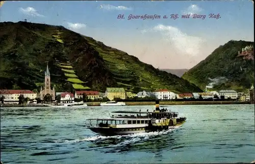 Ak Sankt Goarshausen am Rhein, Burg Katz, Salondampfer, Blick auf den Ort