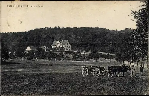 Ak Bad Kissingen Unterfranken Bayern, Blick zum Claushof, Rinderkarren