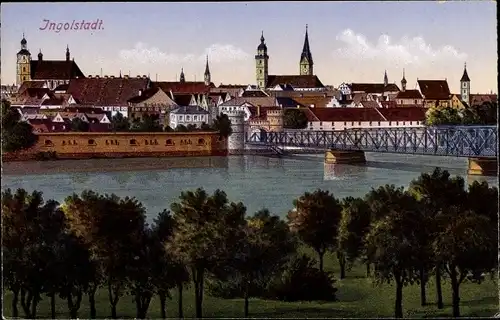 Künstler Ak Markert, G., Ingolstadt an der Donau, Blick über die Donau auf die Stadt, Brücke