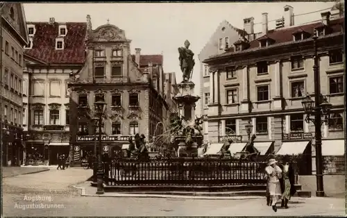 Ak Augsburg in Schwaben, Blick auf den Augustusbrunnen, Kaisers Kaffee Geschäft