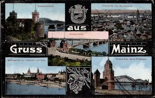 Ak Mainz am Rhein, Eisenbahnbrücke, Kaiserbrücke, Totalansicht, Stadthalle, Dom