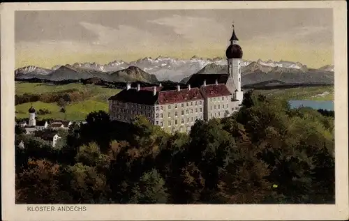 Ak Andechs Oberbayern, Blick auf das Kloster, Gebirgspanorama