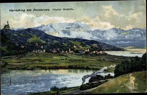 Künstler Ak Burnhart, F., Herrsching am Ammersee Bayern, Landschaft, Dampflok, Kloster Andechs