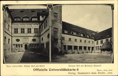 Ak Jena in Thüringen, Neue Universität, Kleiner Hof, Relief, Großer Hof, Reimann Brunnen