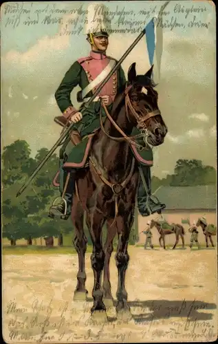 Litho Deutscher Soldat zu Pferd, Ulane, Kaiserreich, Lanze, Pfederbusch, Uniform