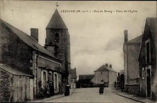 Ak Lézigné Maine-et-Loire, Rue de Bourg, Place de l'Eglise