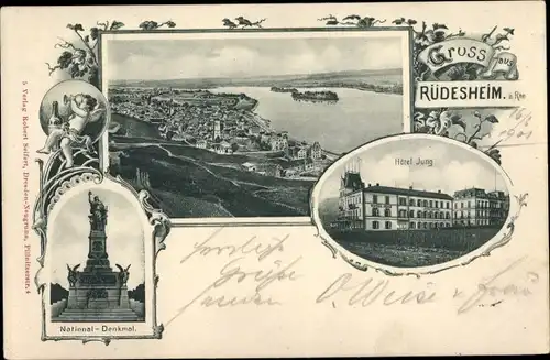 Ak Rüdesheim am Rhein in Hessen, Niederwalddenkmal, Hotel Jung, Panorama vom Ort