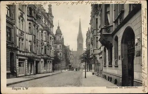 Ak Hagen in Westfalen Ruhrgebiet, Südtstraße mit Lutherkirche, Kolonialwaren von G. Hasenkamp