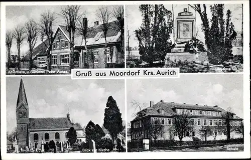 Ak Moordorf Südbrookmerland in Ostfriesland, Kolonialwaren Peter Apkes, Ehrenmal, Kirche, Schule
