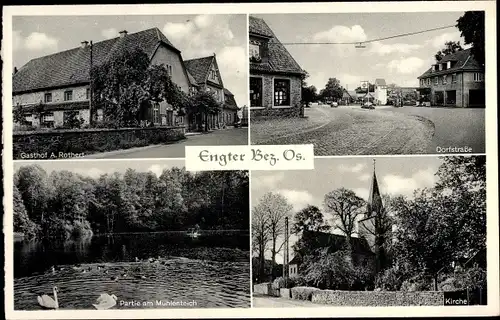 Ak Engter Bramsche in Niedersachsen, Kirche, Dorfstraße, Mühlenteichpartie, Gasthof