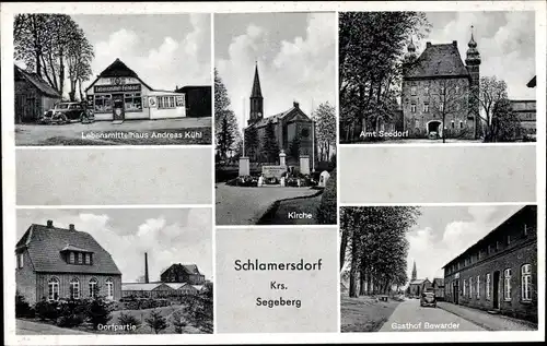 Ak Schlamersdorf Seedorf im Kreis Segeberg, Kirche, Gasthof Bewarder, Lebensmittelhaus