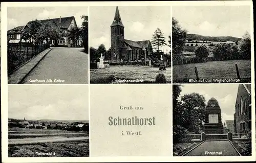 Ak Schnathorst Hüllhorst Westfalen, Kaufhaus*, Kirche, Wiehengebirge, Teilansicht, Ehrenmal