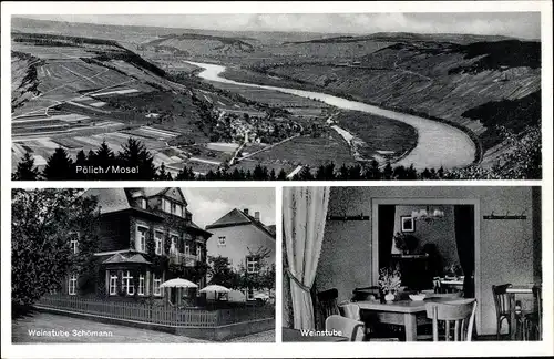 Ak Pölich an der Mosel, Weinstube Schömann, Innenansicht, Blick auf den Ort