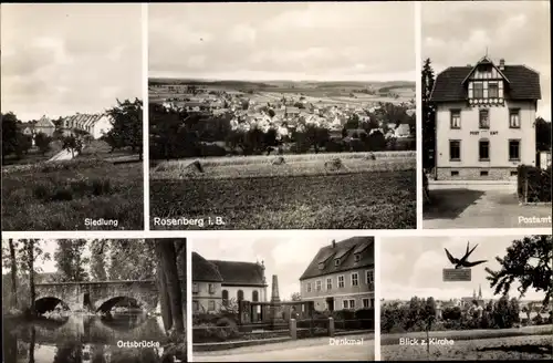 Ak Rosenberg Baden Württemberg, Gesamtansicht, Siedlung, Postamt, Denkmal, Brücke