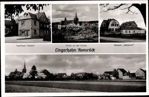 Ak Lingerhahn im Hunsrück, Kaufhaus Hetzert, Kirche, Pension Marianne, Teilansicht