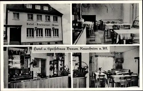 Ak Raunheim am Main, Gasthaus und Hotel Braun, Aussen- und Innenansicht