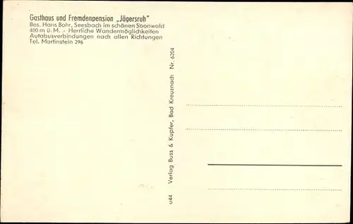 Ak Seesbach im Soonwald, Panorama, Alteburg, Gasthof Jägersruh, Bes. Hans Bohr