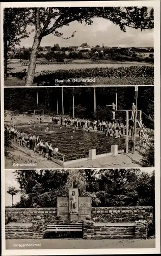 Ak Beulich im Hunsrück, Panorama, Schwimmbad, Kriegerdenkmal