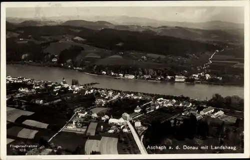 Ak Aschach Donau Oberösterreich, Blick auf Ort mit Landshaag, Fliegeraufnahme