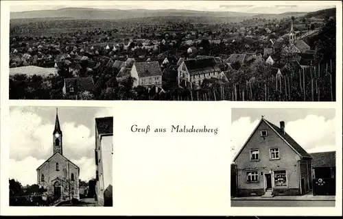 Ak Malschenberg Rauenberg Rhein-Neckar-Kreis, Gesamtansicht, Kirche, Lebensmittelgeschäft