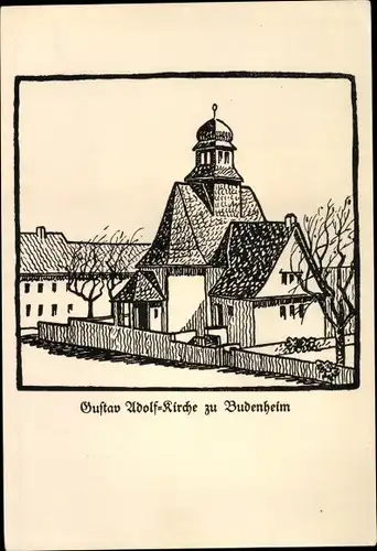 Künstler Ak Budenheim in Rheinland Pfalz, Gustav Adolf Kirche, Federzeichnung