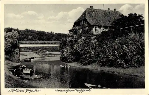 Ak Hitzacker an der Elbe, Drawehner Torschänke, Reetdachhaus, Brücke