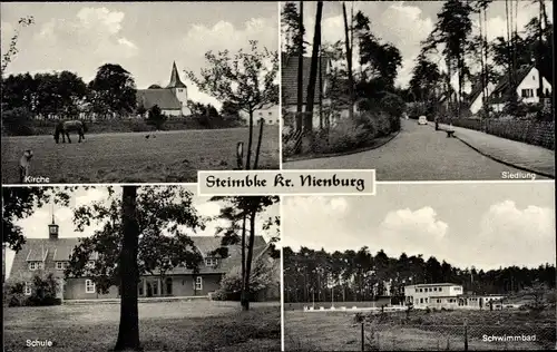 Ak Steimbke in Niedersachsen, Kirche, Siedlung, Schule, Schwimmbad
