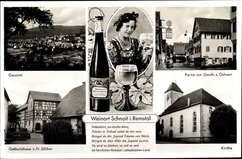 Ak Schnait Weinstadt Baden Württemberg, Gesamtansicht, Geburtshaus v. Silcher, Gasthaus zum Ochsen