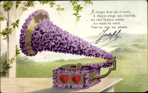 Präge Ak Glückwunsch, Grammophon aus Veilchen