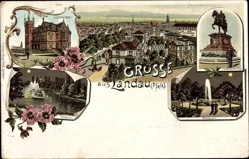 Litho Landau in der Pfalz, Schlösschen, Luitpold Brunnen, Ostpark, Westpark, Teilansicht der Stadt