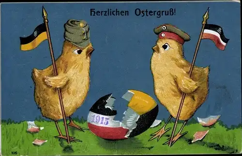 Ak Glückwunsch Ostern, Küken mit Fahnen und Soldatenmützen, Osterei, Zweibund 1915