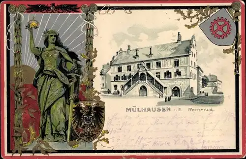 Präge Wappen Passepartout Ak Mulhouse Mülhausen Elsass Haut Rhin, Rathaus