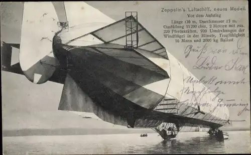 Ak Zeppelins Luftschiff, neues Modell, Vor dem Aufstieg über Wasser, LZ 4