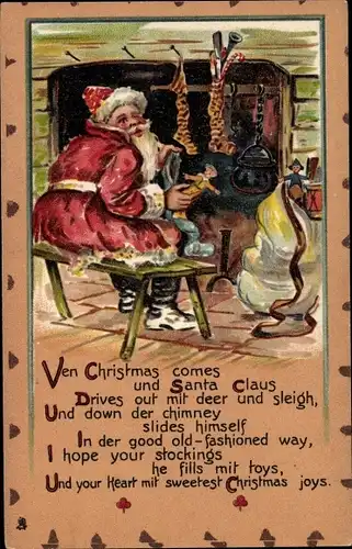 Ak Frohe Weihnachten, Santa Claus, Weihnachtsmann füllt Strümpfe am Kamin, Tuck 1825