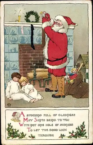 Ak Frohe Weihnachten, Santa Claus, Weihnachtsmann füllt Strümpfe am Kamin, Tuck 549
