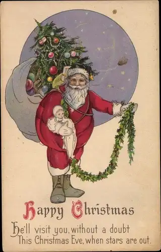 Ak Frohe Weihnachten, Weihnachtsmann mit Geschenkesack, Tannenbaum, Stechpalmengirlande