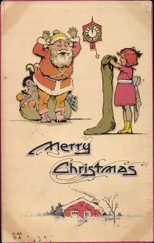 Ak Frohe Weihnachten, Weihnachtsmann mit Geschenkesack, Mädchen hält riesigen Strumpf