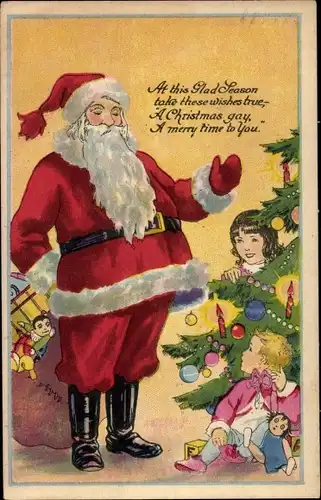Ak Frohe Weihnachten, Weihnachtsmann mit Geschenkesack, Tannenbaum, Kinder