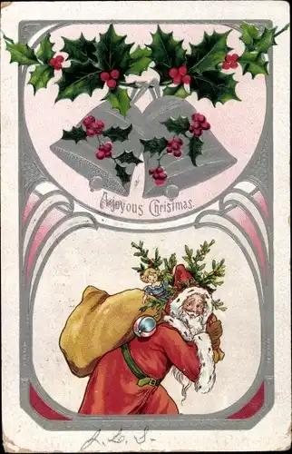 Ak Frohe Weihnachten, Weihnachtsmann mit Geschenkesack, Glocken, Stechpalmenzweige
