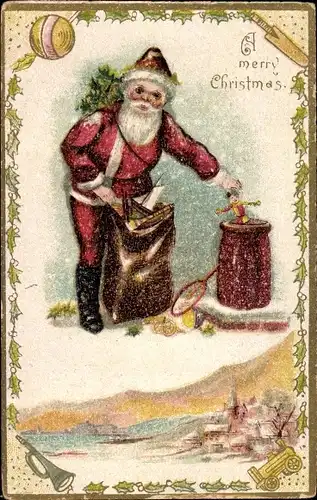 Ak Frohe Weihnachten, Weihnachtsmann mit Geschenkesack am Schornstein