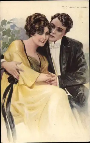 Künstler Ak Corbella, T., Liebespaar, Umarmung, Frau im gelben Kleid
