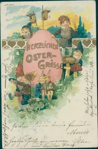 Glitzer Ak Glückwunsch Ostern, Zwerge, Osterhasen, Osterei