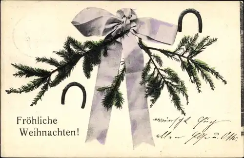 Ak Glückwunsch Weihnachten, Tannenzweige, Hufeisen, Schleifenband