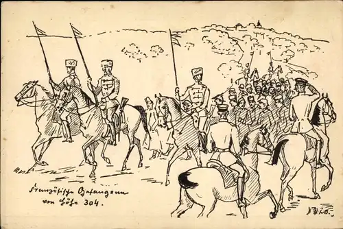 Künstler Ak Französische Kriegsgefangene, deutsche Soldaten, Husare, I WK